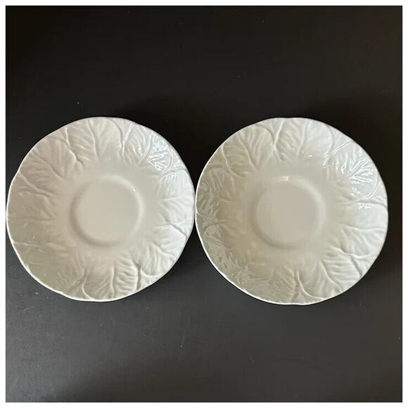 WEDGWOOD Countryware Flat Cup &Saucer Set of 2 All White Embossed Leaves No Trim - Picture 7 of 13